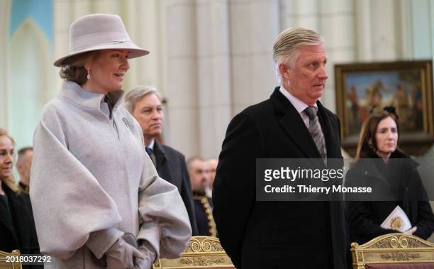 Queen Mathilde of Belgium and the King Philippe of Belgium attend the annual mass at the Notre-Dame church in Laeken, in memory of the deceased...