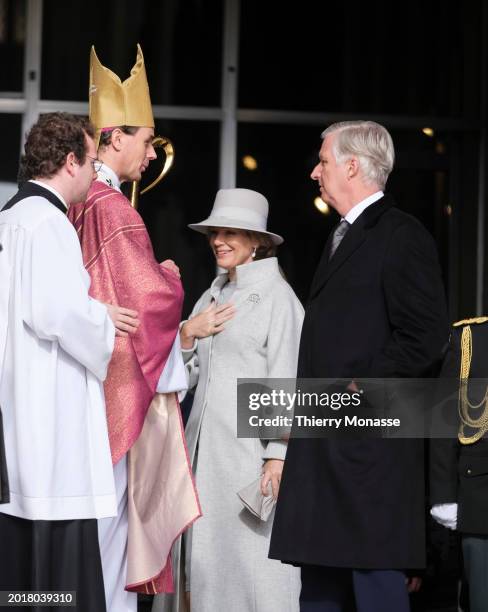 Archbishop of Mechelen-Brussels Luc Terlinden is talking with the Queen Mathilde of Belgium and the King Philippe of Belgium a the end of the annual...