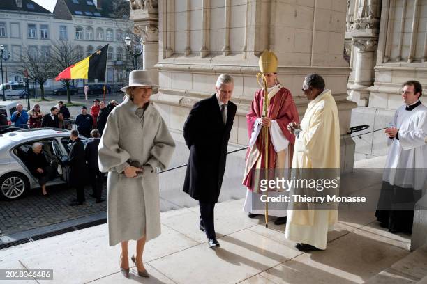 Queen Mathilde of Belgium and the King Philippe of Belgium are welcome by the Archbishop of Mechelen-Brussels Luc Terlinden as they come for the...
