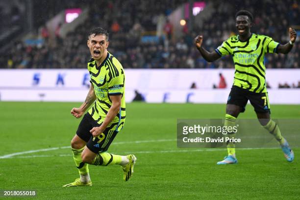 Leandro Trossard of Arsenal celebrates after scoring his team's fourth goal during the Premier League match between Burnley FC and Arsenal FC at Turf...