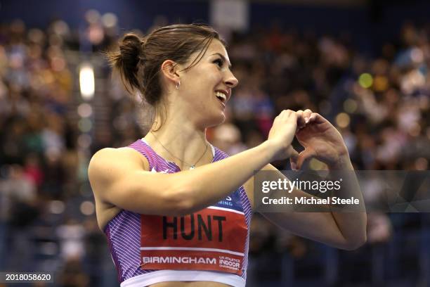 Gold medalist, Amy Hunt of Great Britain, celebrates victory in the Women's 60m during day one of the Microplus UK Athletics Indoor Championships...