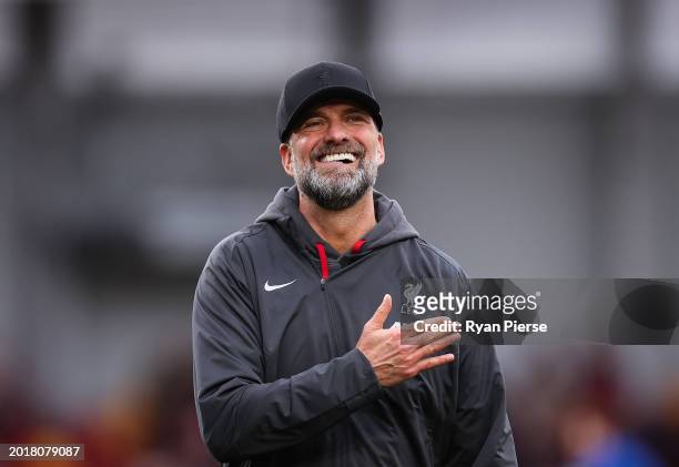 Jurgen Klopp, Manager of Liverpool, celebrates towards the fans following the Premier League match between Brentford FC and Liverpool FC at Gtech...