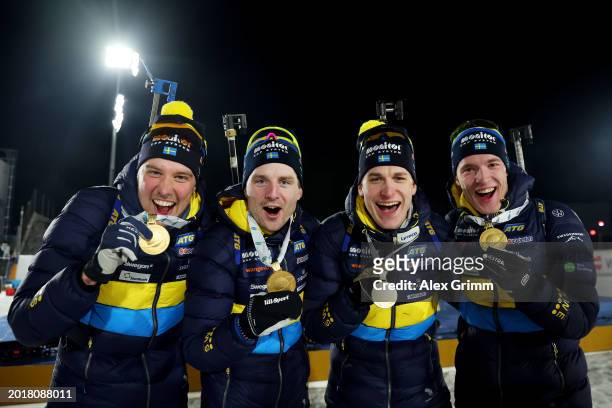 Viktor Brandt, Jesper Nelin, Martin Ponsiluoma and Sebastian Samuelsson of Sweden pose for a photo after finishing in First Place during the Men's...