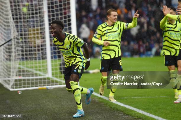 Bukayo Saka of Arsenal celebrates after scoring his team's third goal during the Premier League match between Burnley FC and Arsenal FC at Turf Moor...