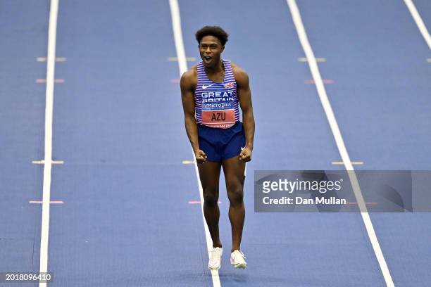 Gold medalist, Jeremiah Azu of Great Britain, celebrates victory in the Men's 60m Final during day one of the Microplus UK Athletics Indoor...