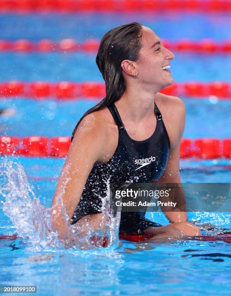 Simona Quadarella of Team Italy celebrates after winning gold in the Women's 800m Freestyle Final on day sixteen of the Doha 2024 World Aquatics...
