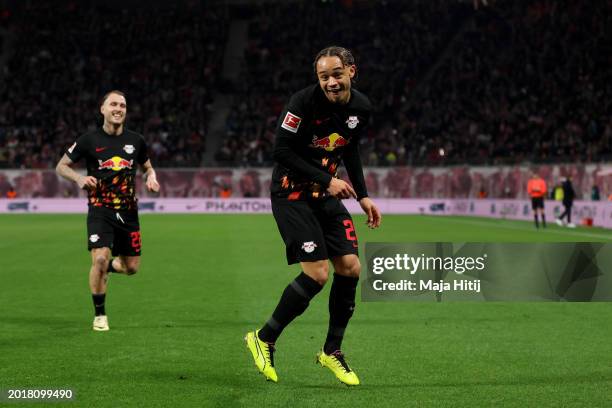 Xavi Simons of RB Leipzig celebrates scoring his team's first goal during the Bundesliga match between RB Leipzig and Borussia Mönchengladbach at Red...