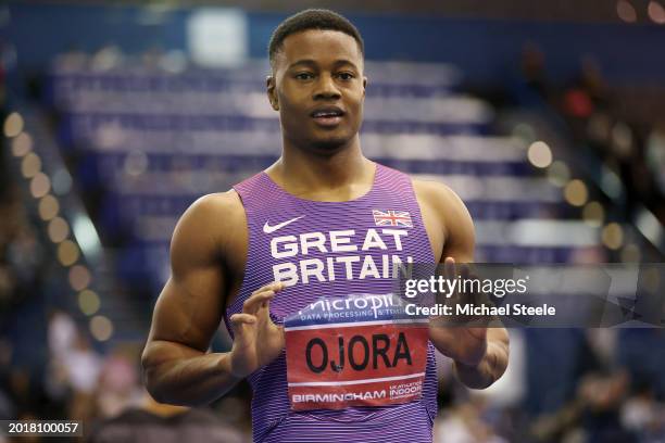 Gold medalist, Tade Ojora of Great Britain, celebrates victory in the Men's 60m Hurdles Final during day one of the Microplus UK Athletics Indoor...