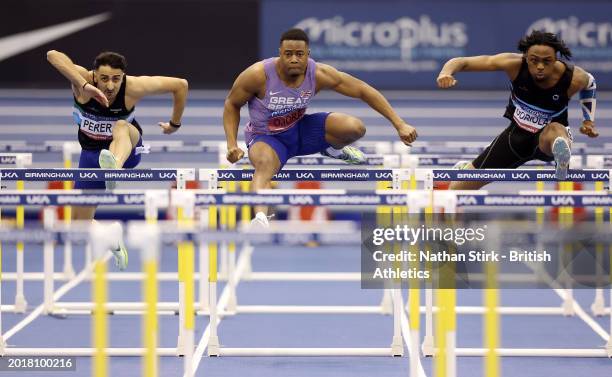 Miguel Perera , Tade Ojora and Daniel Goriola of Great Britain compete in the Men's 60m Hurdles Final during day one of the Microplus UK Athletics...