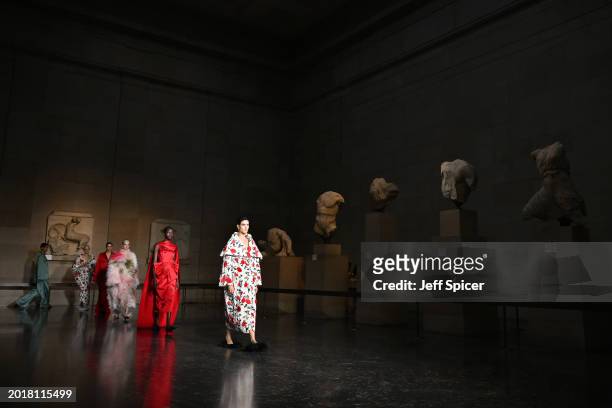 Models walk the runway in the finale at the ERDEM show during London Fashion Week February 2024 at The British Museum on February 17, 2024 in London,...