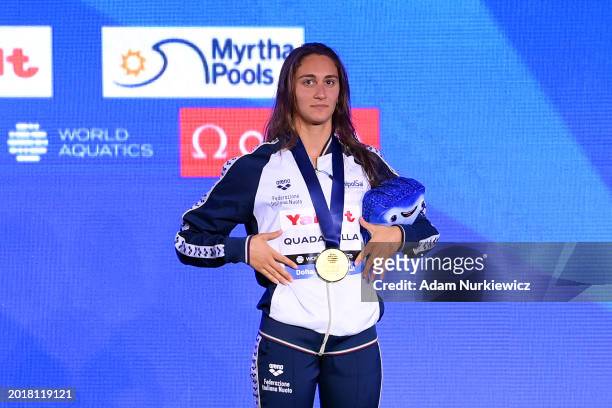 Gold Medalist, Simona Quadarella of Team Italy poses with her medal during the Medal Ceremony after the Women's 800m Freestyle Final on day sixteen...