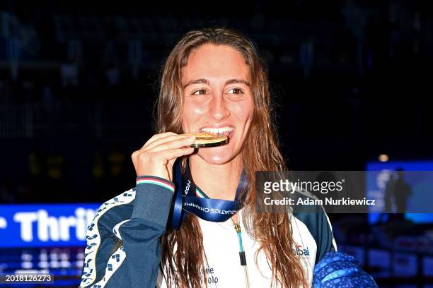 Gold Medalist, Simona Quadarella of Team Italy poses with her medal after the Medal Ceremony for the Women's 800m Freestyle Final on day sixteen of...