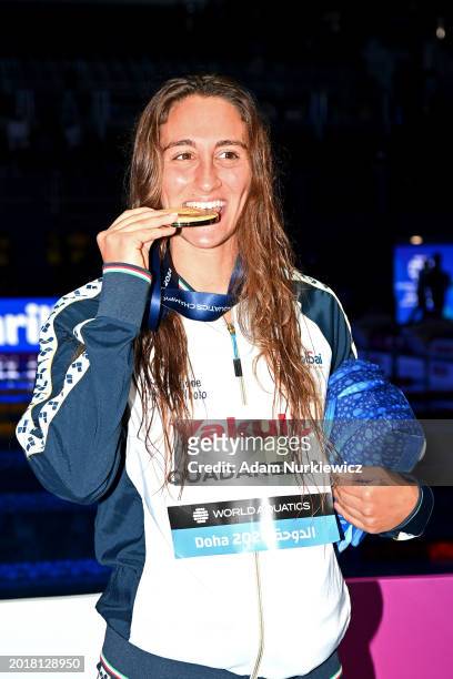 Gold Medalist, Simona Quadarella of Team Italy poses with her medal after the Medal Ceremony for the Women's 800m Freestyle Final on day sixteen of...
