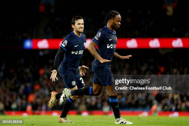 Raheem Sterling of Chelsea celebrates with teammate Ben Chilwell after scoring his team's first goal during the Premier League match between...