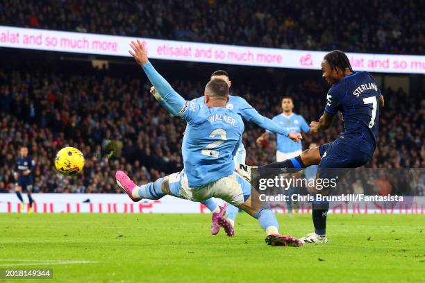 Raheem Sterling of Chelsea scores the opening goal during the Premier League match between Manchester City and Chelsea FC at Etihad Stadium on...