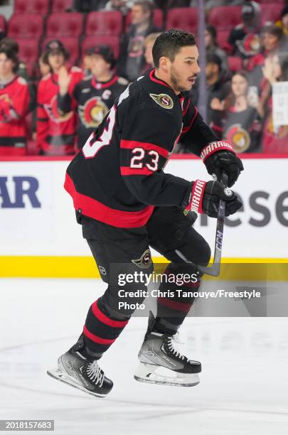 Travis Hamonic of the Ottawa Senators skates against the Columbus Blue Jackets at Canadian Tire Centre on February 13, 2024 in Ottawa, Ontario,...