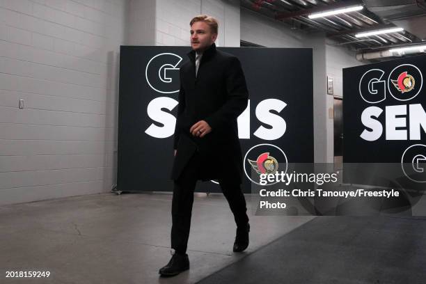 Erik Brannstrom of the Ottawa Senators arrives at the arena prior to a game against the Columbus Blue Jackets at Canadian Tire Centre on February 13,...