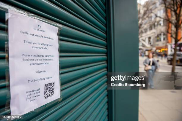 Closure notice on the shutters of an outlet of The Body Shop on Bond Street in central London, UK, on Tuesday, Feb. 20, 2024. The Body Shop is...