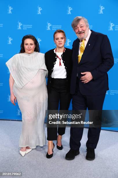 Lena Dunham, Julia von Heinz and Stephen Frey pose at the "Treasure" photocall during the 74th Berlinale International Film Festival Berlin at Grand...
