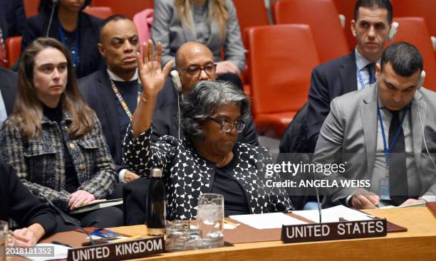 Ambassador to the UN Linda Thomas-Greenfield casts a veto vote during a UN Security Council meeting on the Israel-Hamas war, at UN Headquarters in...