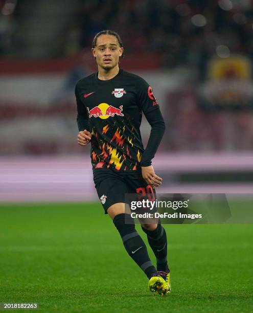 Xavi Simons of RB Leipzig looks on during the Bundesliga match between RB Leipzig and Borussia Mönchengladbach at Red Bull Arena on February 17, 2024...