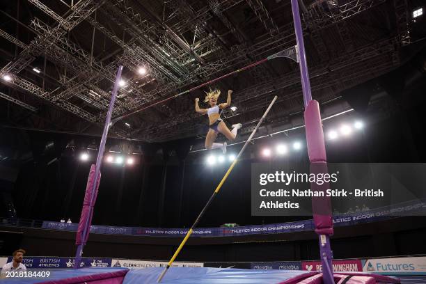 Molly Caudery of Great Britain celebrates during the Women's Pole Vault Final on day one of the Microplus UK Athletics Indoor Championships 2024 at...