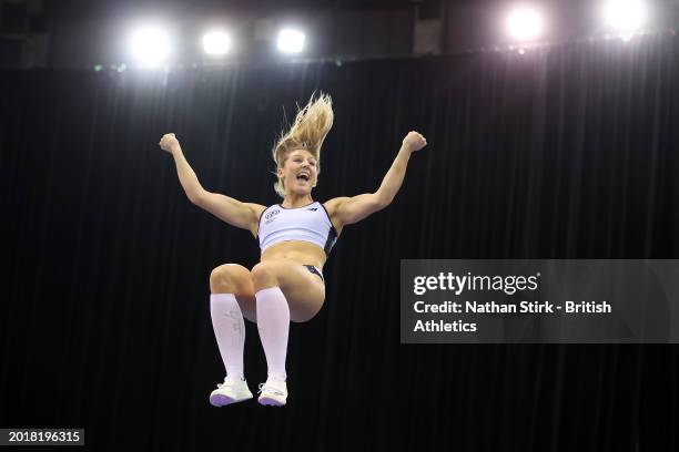 Molly Caudery of Great Britain celebrates during the Women's Pole Vault Final on day one of the Microplus UK Athletics Indoor Championships 2024 at...