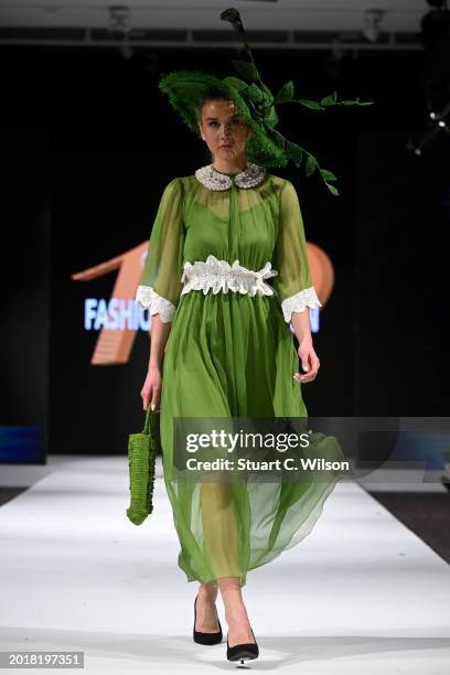 Model walks the runway for Her Rise Heritage at the House of iKons show during London Fashion Week February on February 17, 2024 in London, England.