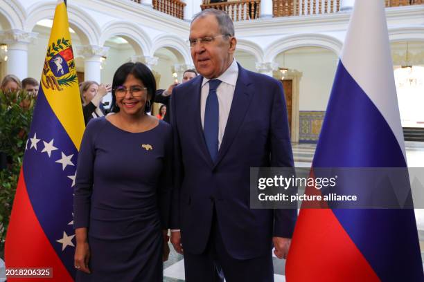 February 2024, Venezuela, Caracas: Sergey Lavrov , Foreign Minister of Russia, is received at the Foreign Ministry by Delcy Rodriguez, Vice President...