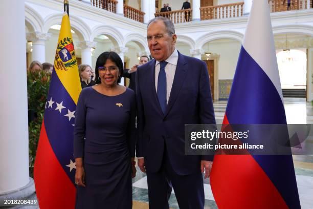 February 2024, Venezuela, Caracas: Sergey Lavrov , Foreign Minister of Russia, is received at the Foreign Ministry by Delcy Rodriguez, Vice President...