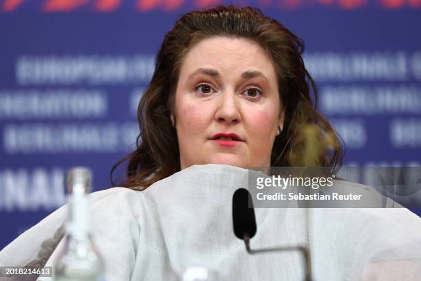 Lena Dunham speaks at the "Treasure" press conference during the 74th Berlinale International Film Festival Berlin at Grand Hyatt Hotel on February...