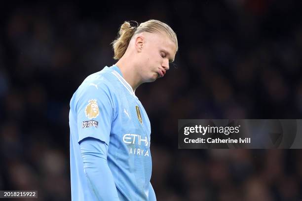 Erling Haaland of Manchester City reacts during the Premier League match between Manchester City and Chelsea FC at Etihad Stadium on February 17,...