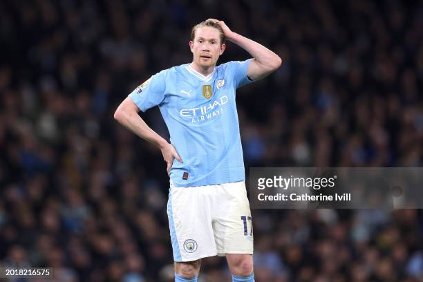 Kevin De Bruyne of Manchester City reacts during the Premier League match between Manchester City and Chelsea FC at Etihad Stadium on February 17,...