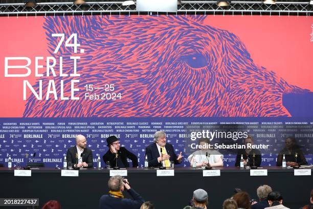 Fabian Gasmia, Zbigniew Zamachowski, Stephen Fry, Lena Dunham, Julia von Heinz and host Jacqueline Lyanga speak at the "Treasure" press conference...