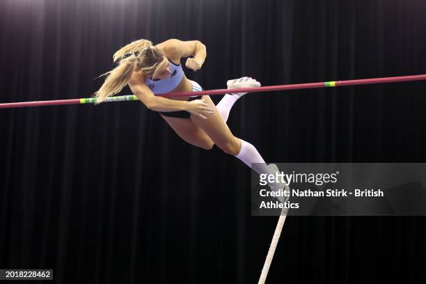 Molly Caudery of Great Britain equals the national record during the Women's Pole Vault Final on day one of the Microplus UK Athletics Indoor...