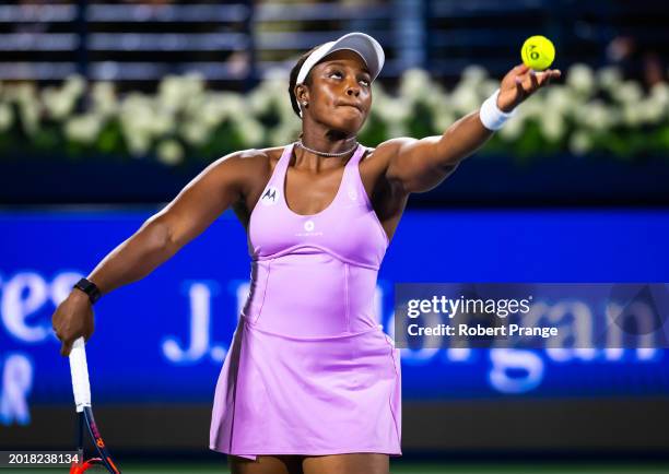 Sloane Stephens of the United States in action against Iga Swiatek of Poland in the second round on Day 3 of the Dubai Duty Free Tennis...