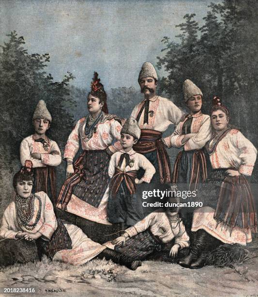 ilustraciones, imágenes clip art, dibujos animados e iconos de stock de ilustración vintage cantantes rusos, les chanteurs russes, en traje tradicional, década de 1890, siglo xix - cultura rusa