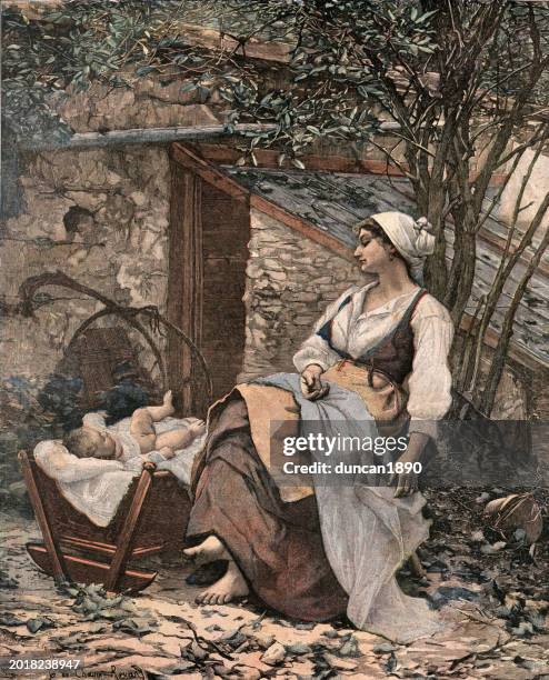 Young Mother Watching Over Her Baby In A Crib Victorian Art French