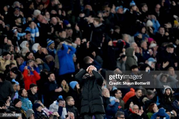 Pep Guardiola, Manager of Manchester City, reacts after Erling Haaland of Manchester City misses a chance during the Premier League match between...