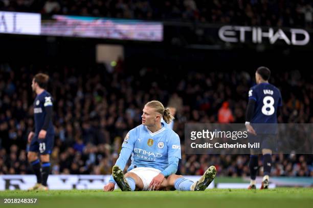 Erling Haaland of Manchester City reacts during the Premier League match between Manchester City and Chelsea FC at Etihad Stadium on February 17,...