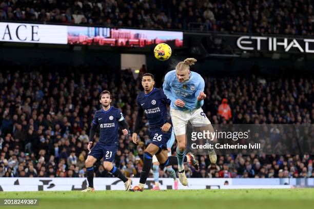 Erling Haaland of Manchester City misses a chance during the Premier League match between Manchester City and Chelsea FC at Etihad Stadium on...