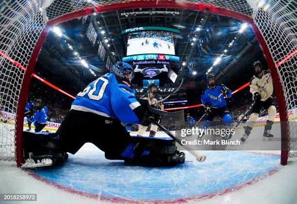 Kristen Campbell of Toronto guards the net against Monreal during the first period their PWHL hockey game at Scotiabank Arena on February 16, 2024 in...