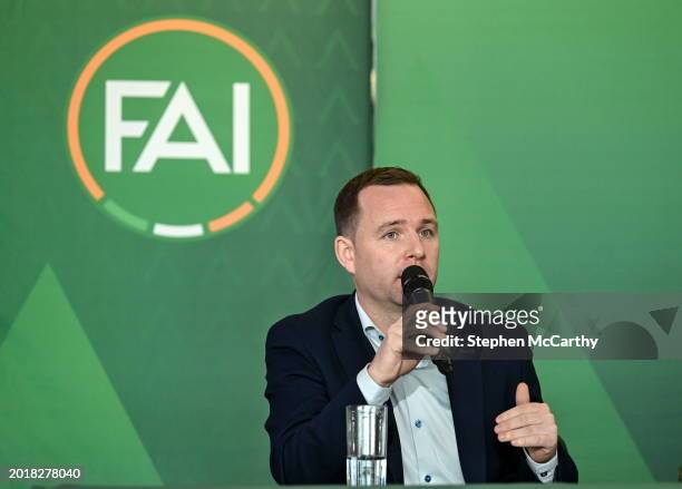 Dublin , Ireland - 20 February 2024; League of Ireland director Mark Scanlon during a media briefing for the FAI's Football Pathways Plan at Aviva...