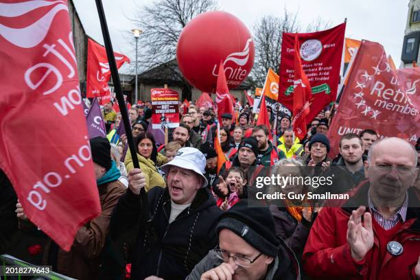 Steel workers and their supporters march though Port Talbot on February 17, 2024 in Port Talbot, Wales.