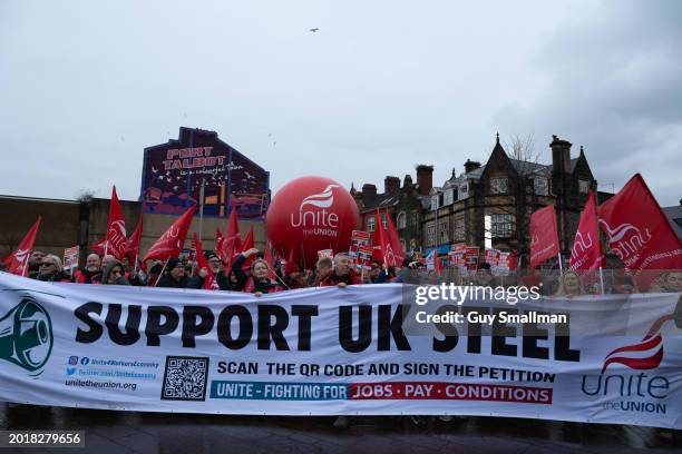 Steel workers and their supporters march though Port Talbot on February 17, 2024 in Port Talbot, Wales.