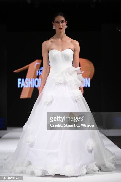 Model walks the runway for Recep Demiray at the House of iKons show during London Fashion Week February on February 17, 2024 in London, England.