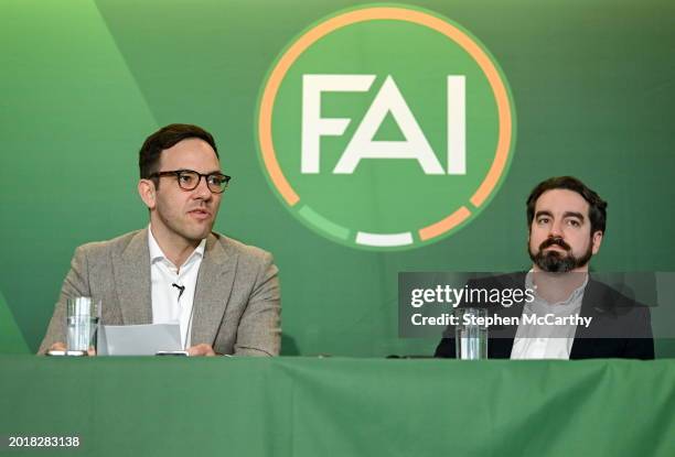 Dublin , Ireland - 20 February 2024; FAI director of football Marc Canham and FAI grassroots director Ger McDermott, right, during a media briefing...