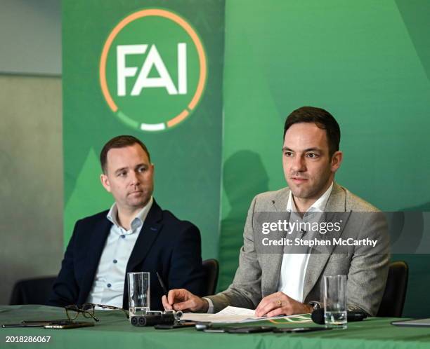 Dublin , Ireland - 20 February 2024; FAI director of football Marc Canham and League of Ireland director Mark Scanlon, left, during a media briefing...