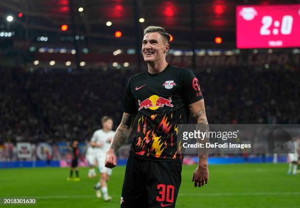 Benjamin Sesko of RB Leipzig gestures during the Bundesliga match between RB Leipzig and Borussia Mönchengladbach at Red Bull Arena on February 17,...