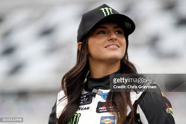 Hailie Deegan, driver of the Klutch Vodka Ford, looks on during qualifying for the NASCAR Xfinity Series United Rentals 300 at Daytona International...